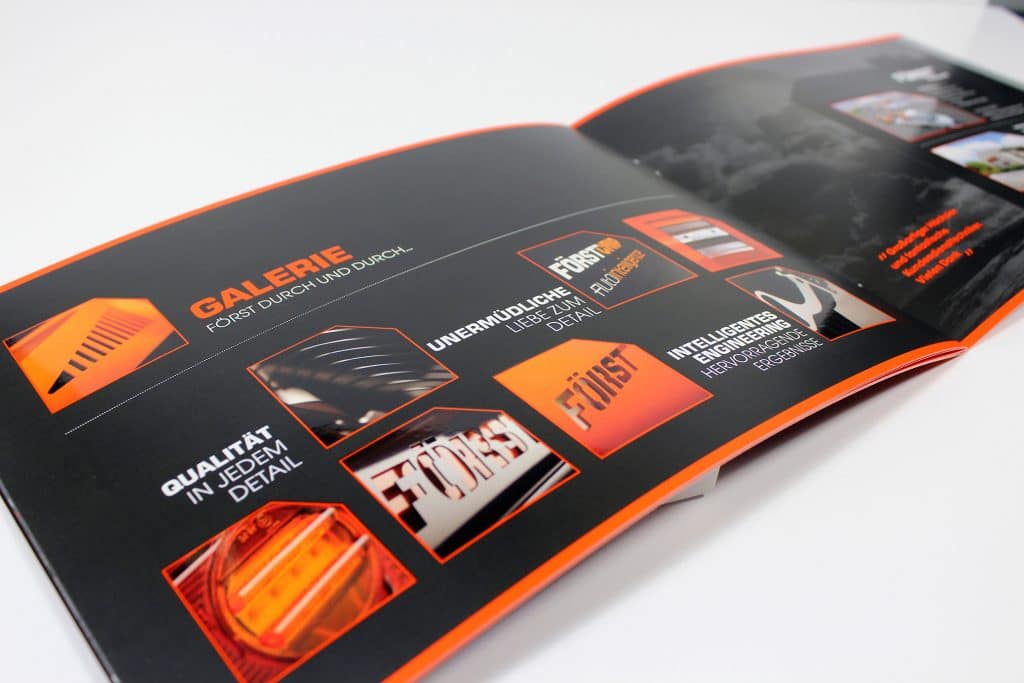 Printed brochure with spot UV and spot colour orange