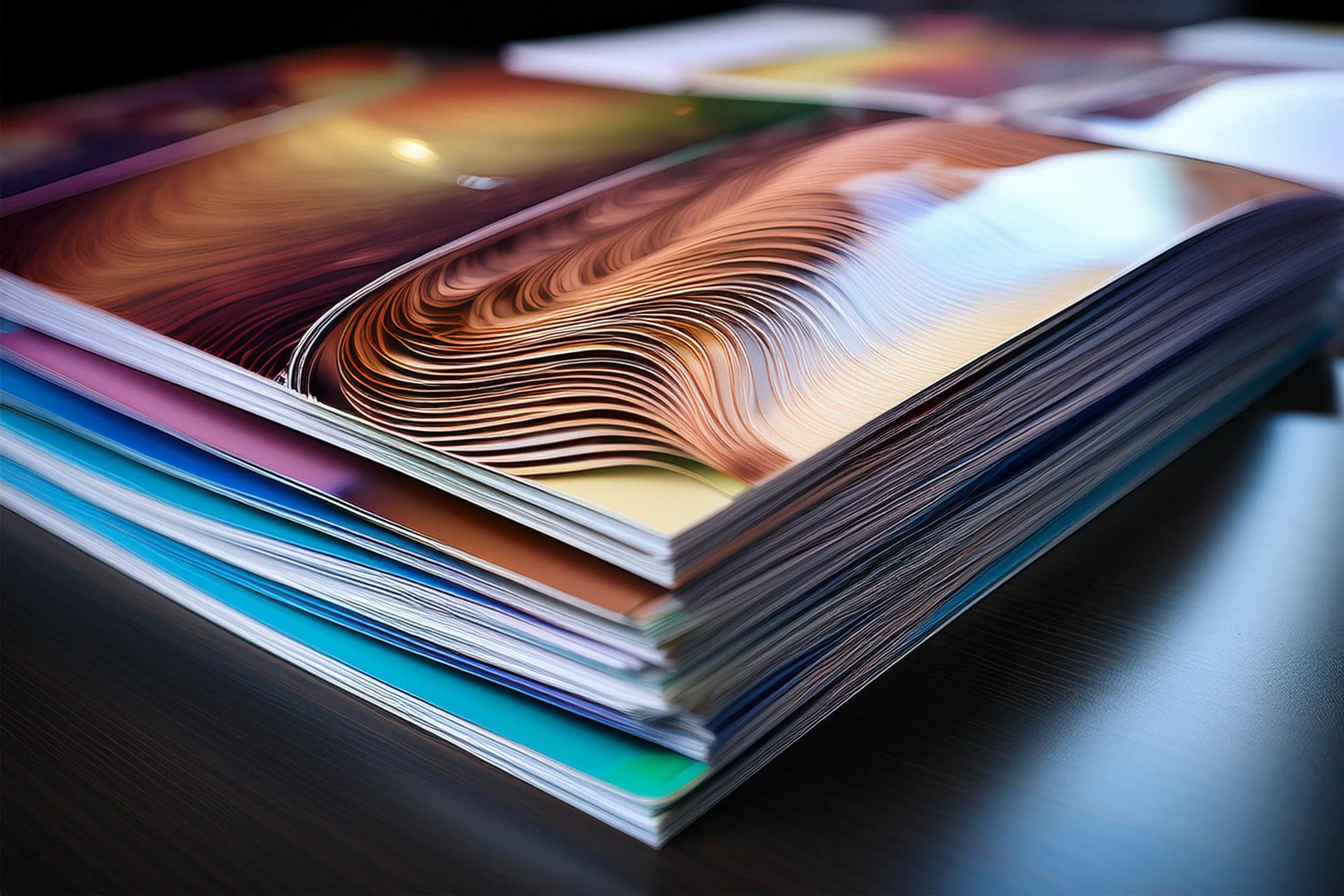 multi-coloured printed brochures stacked on top of each other